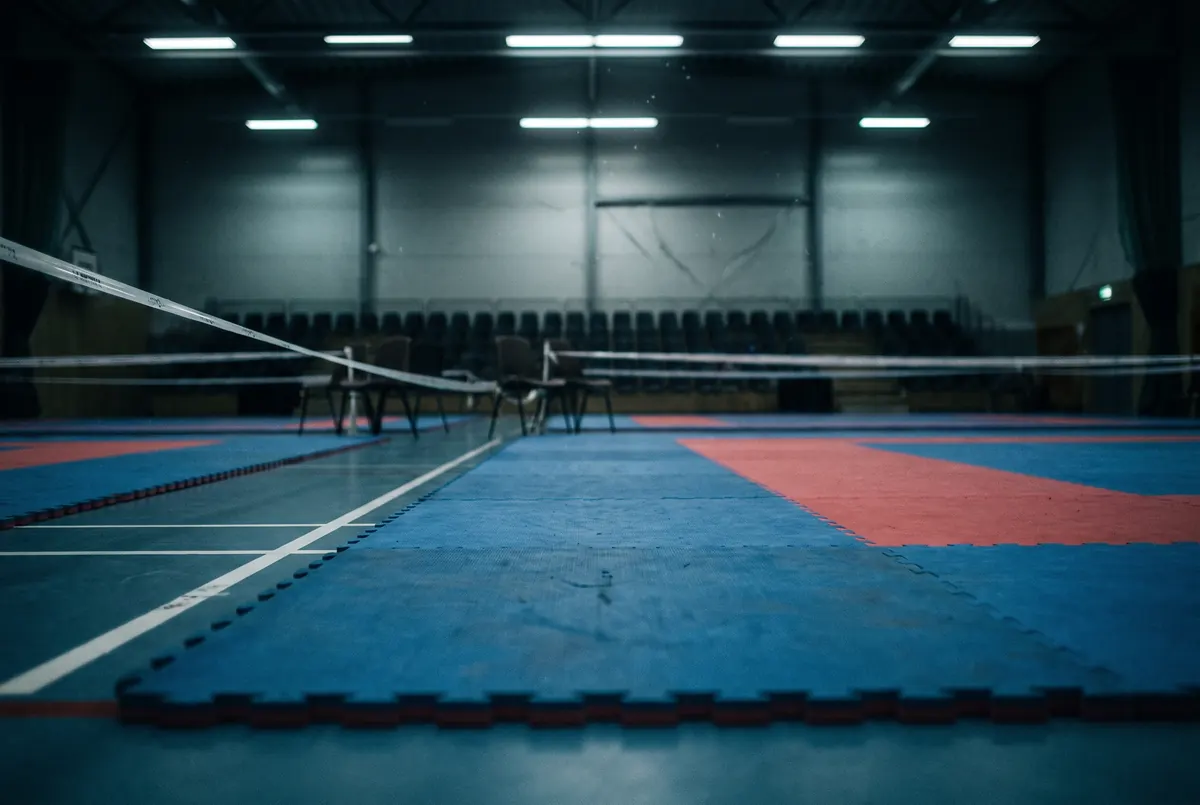 Leere Kampffläche aus blauen und roten Matten in einer Sporthalle